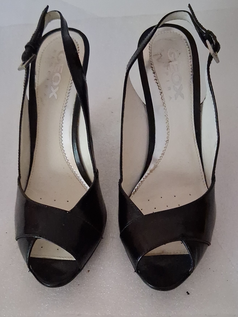 Geox Black Leather Peep-Toe Slingback Heels